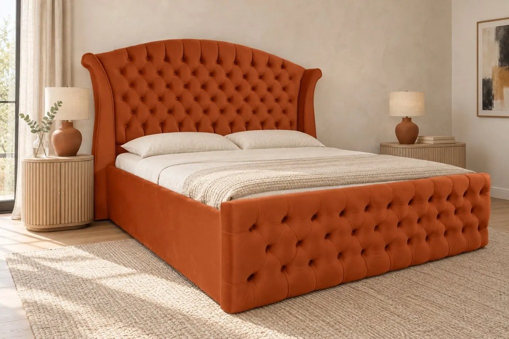 Pat tapițat Chesterfield din catifea Sorella Simple 180×200 cm, cărămiziu, cu ladă de depozitare