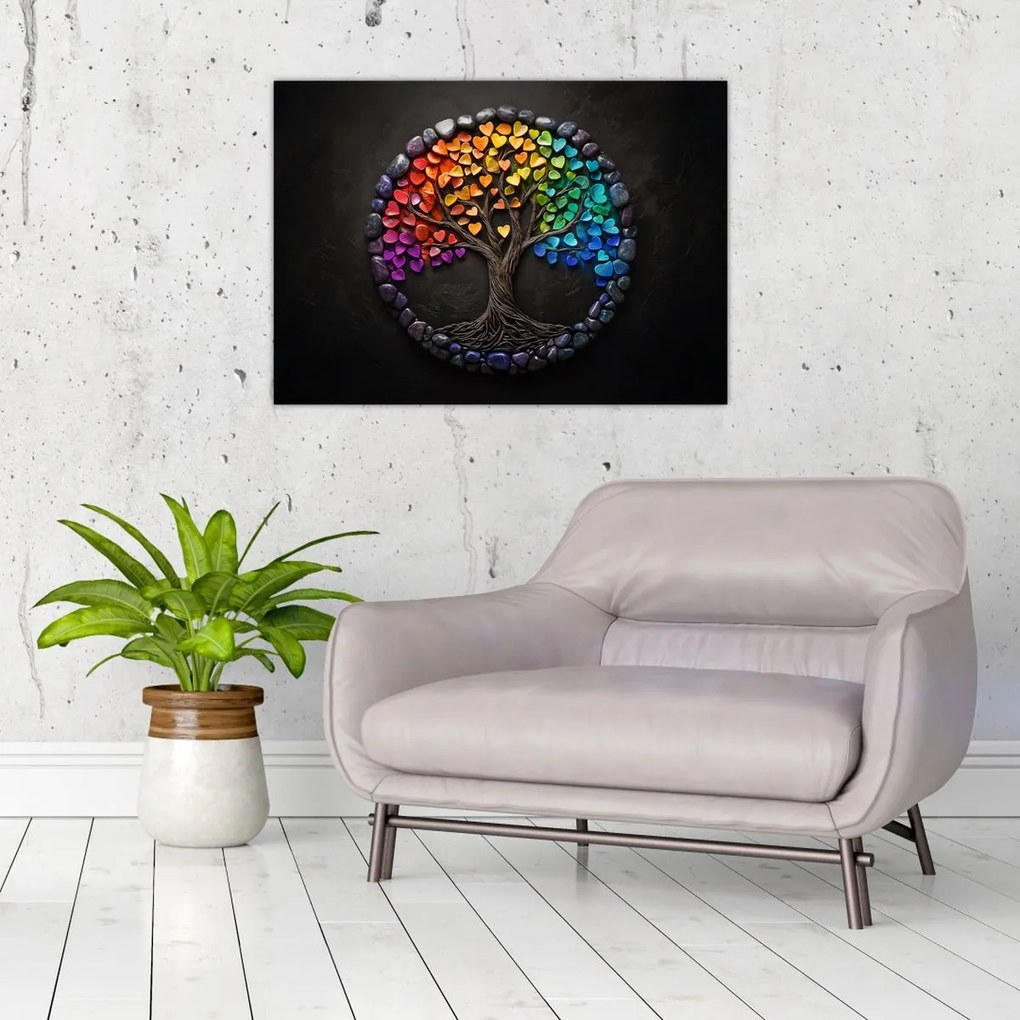 Tablou pe sticlă – Arbore plin de inimi colorate (70x50 cm)
