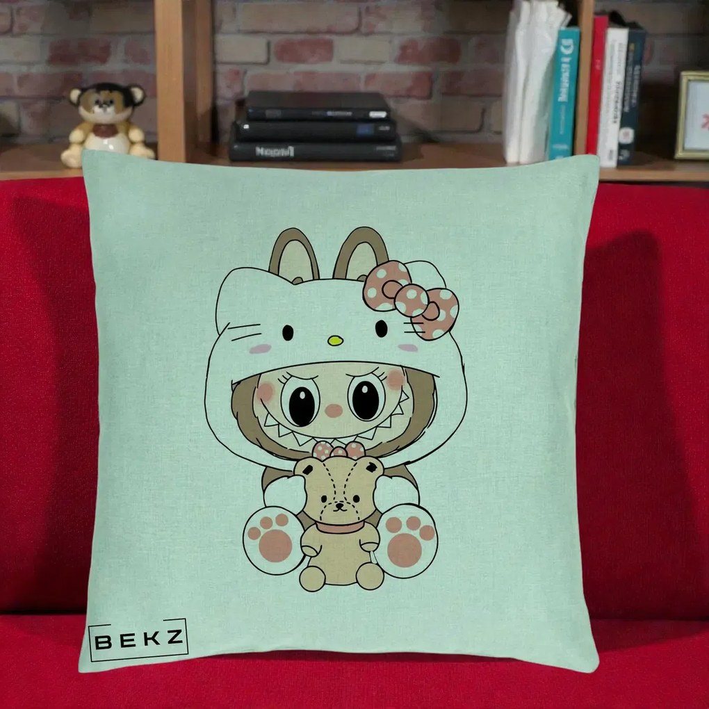 Perna Personalizata Labubu x Hello Kitty, 40x40 cm, Verde Menta, Husa Detasabila, Perna Inclusa, BEKZ®