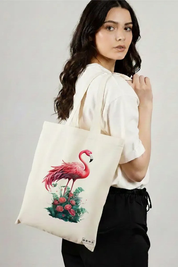 Sacosa de Panza pentru Cumparaturi, Geanta Tote, model Flamingo 38 x 34.5 cm, Alba, BEKZ®