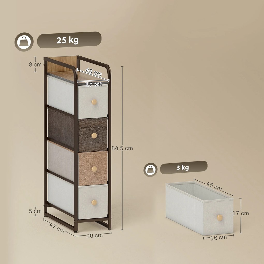 HOMCOM Comodă Slim din Material Textil cu 4 Sertare Pliabile, Mobil Compact din Oțel pentru Dormitor, Baie și Living, 20x47x84,5 cm, Multicolor | Aosom Romania