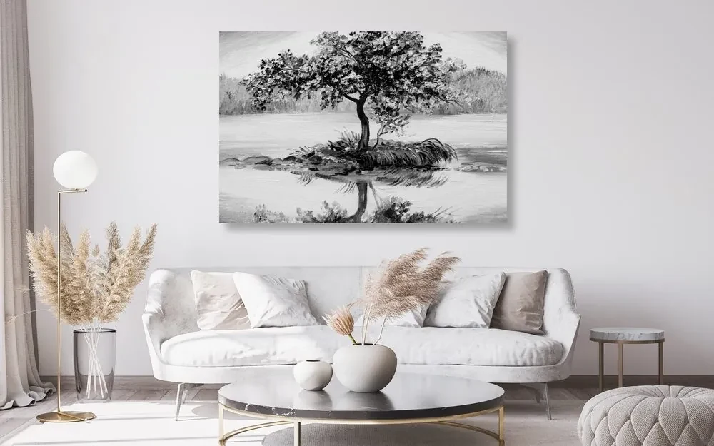 Tablou cireș oriental în design alb-negru