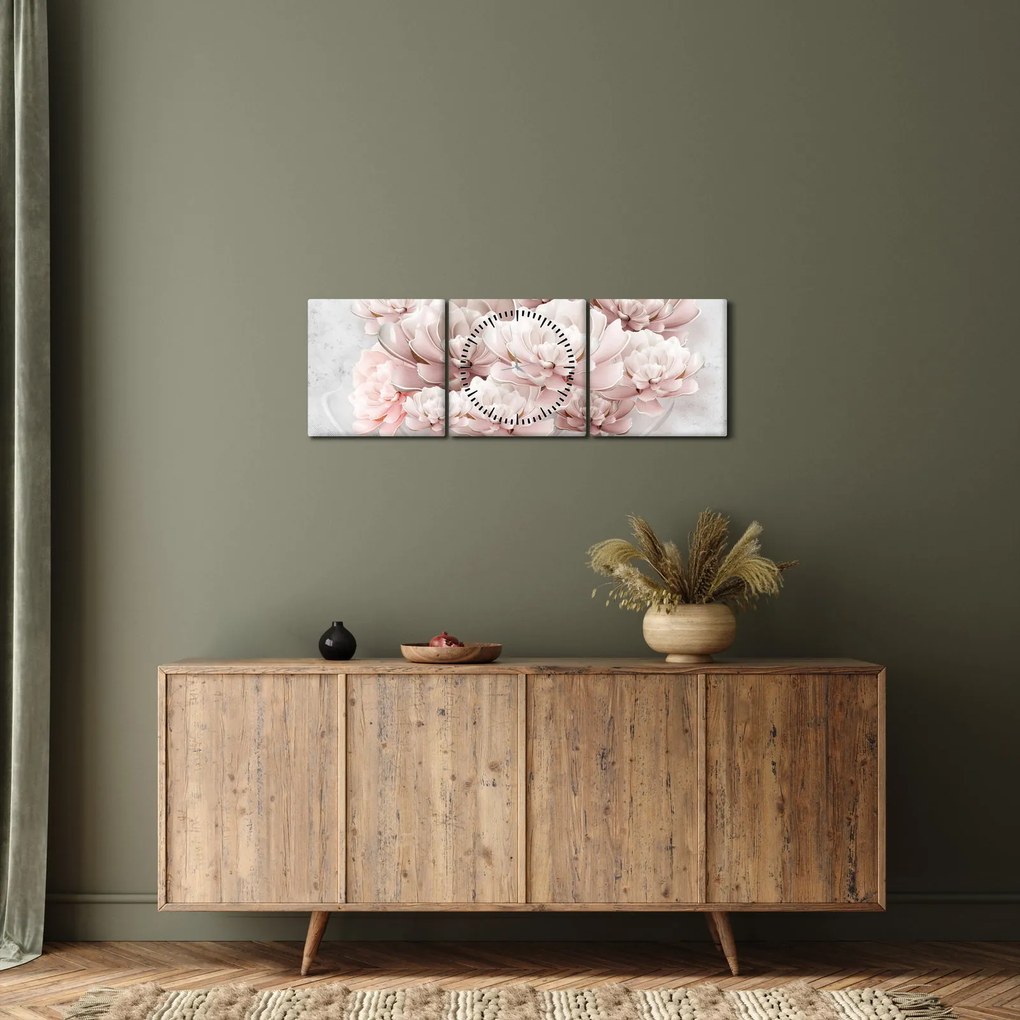 Tablou - Flori roz pe perete (cu ceas) (90x30 cm)