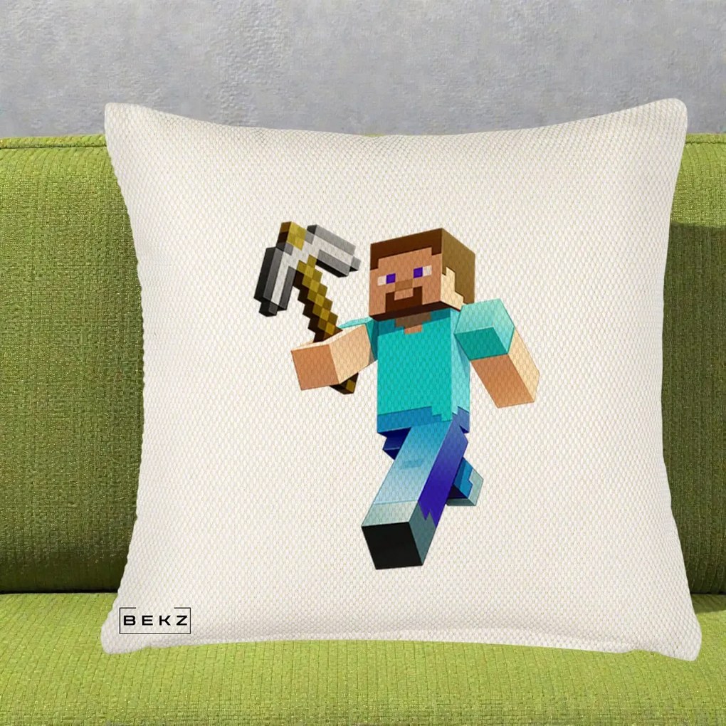 Perna Personalizata Minecraft Steve cu Tarnacop, 40x40 cm, Crem Reliefat, Husa Detasabila, Perna Inclusa, BEKZ®