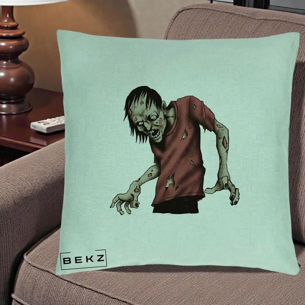 Perna Decorativa Halloween Zombie Infricosator, 40x40 cm, Verde Menta, Husa Detasabila, Perna Inclusa, BEKZ®