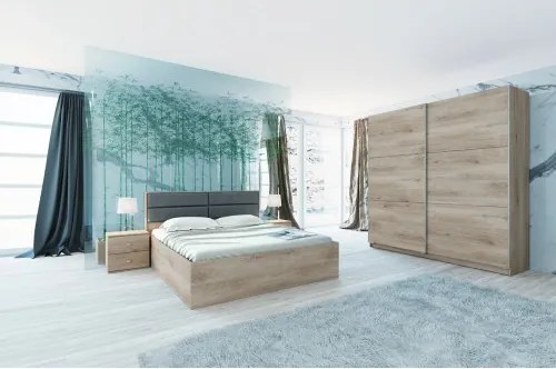 Pat 168x209x97cm, Noptiere 45x36x46 cm, Culoare stejar- tablie pat gri.