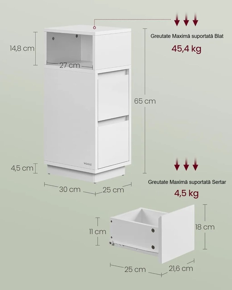 NOA77 - Set 2 Noptiere, 25 cm, foarte inguste, cu 2 sertare si spatiu deschis - Alb / Sonoma / Negru