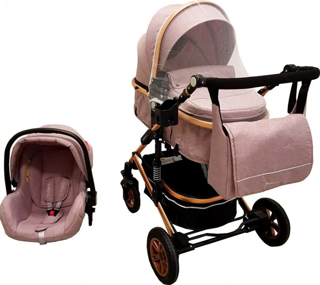 Carucior nou nascuti 3 in 1 Baby Care™ PRO 531 , Cu geanta Bebe inclusa, Cadru Aluminiu Gold, Amortizoare, Roti din cauciuc plin AVE, Landou, Scoica