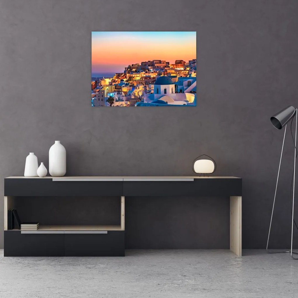 Tablou pe sticlă - Santorini în amurg (70x50 cm)