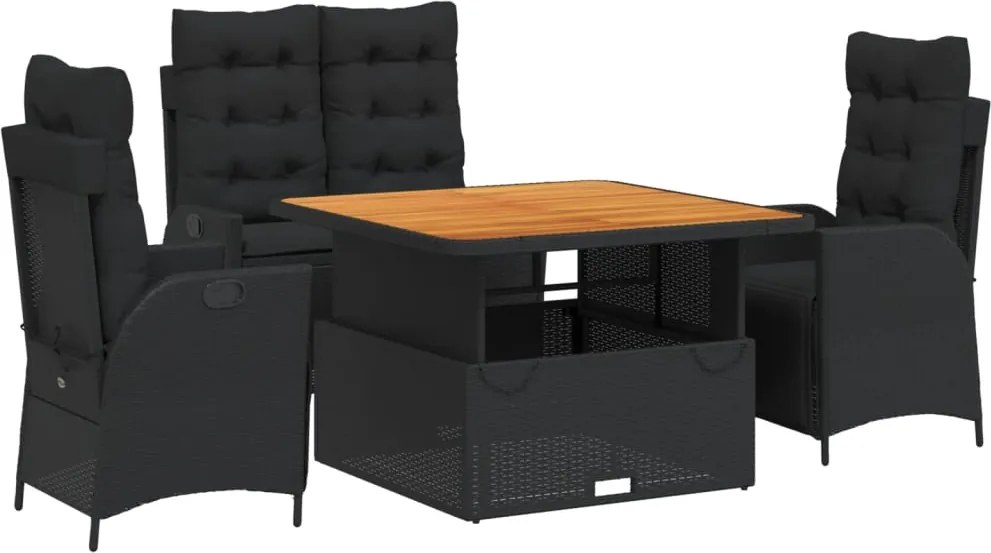 vidaXL Set mobilier de grădină cu perne, 4 piese, negru, poliratan