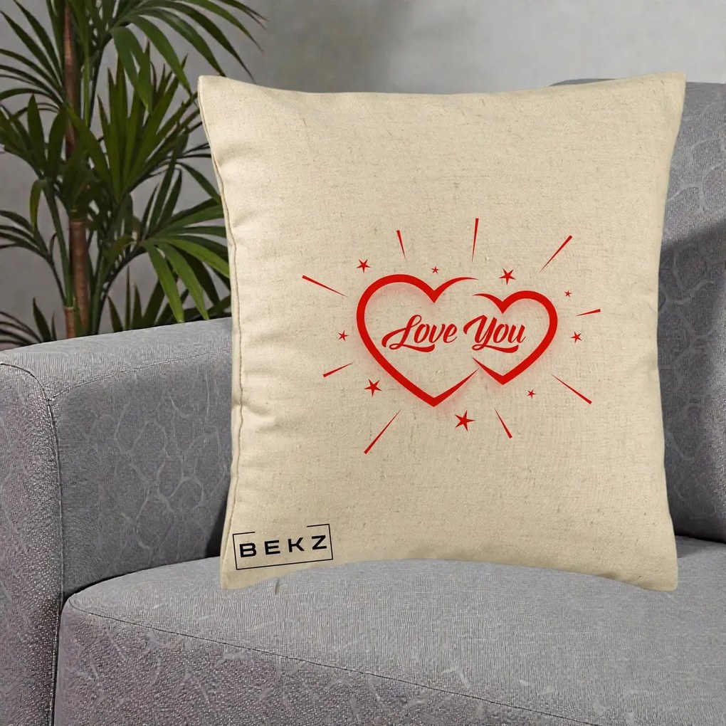 Cadou Romantic - Perna Personalizata Love You Doua Inimi, 40x40 cm, Bej, Husa Detasabila, Perna Inclusa, BEKZ®