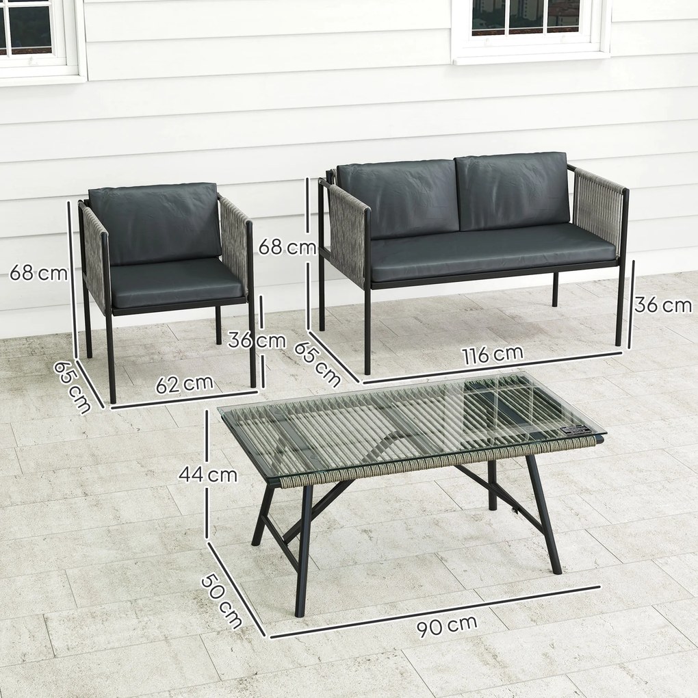 Outsunny Set de Exterior din Rattan 2 Fotolii, Canapea și Măsuță Gri | Aosom Romania