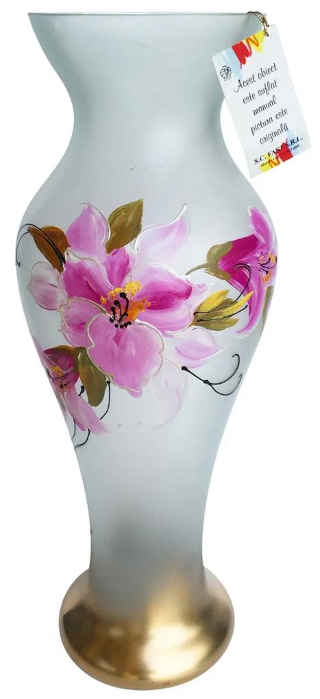 Vaza Jinoli, sticla pictata, alb, model floral, H 49 cm