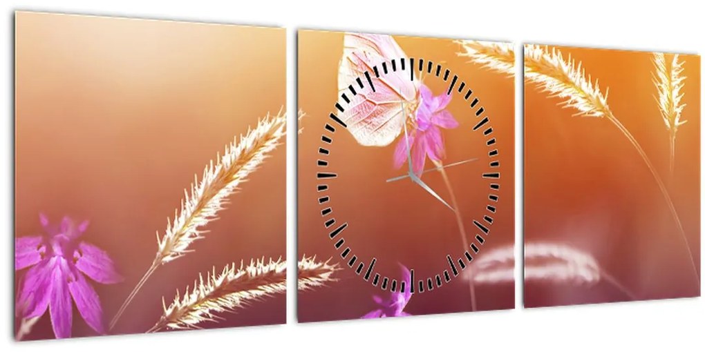 Tablou - Fluture roz (cu ceas) (90x30 cm)