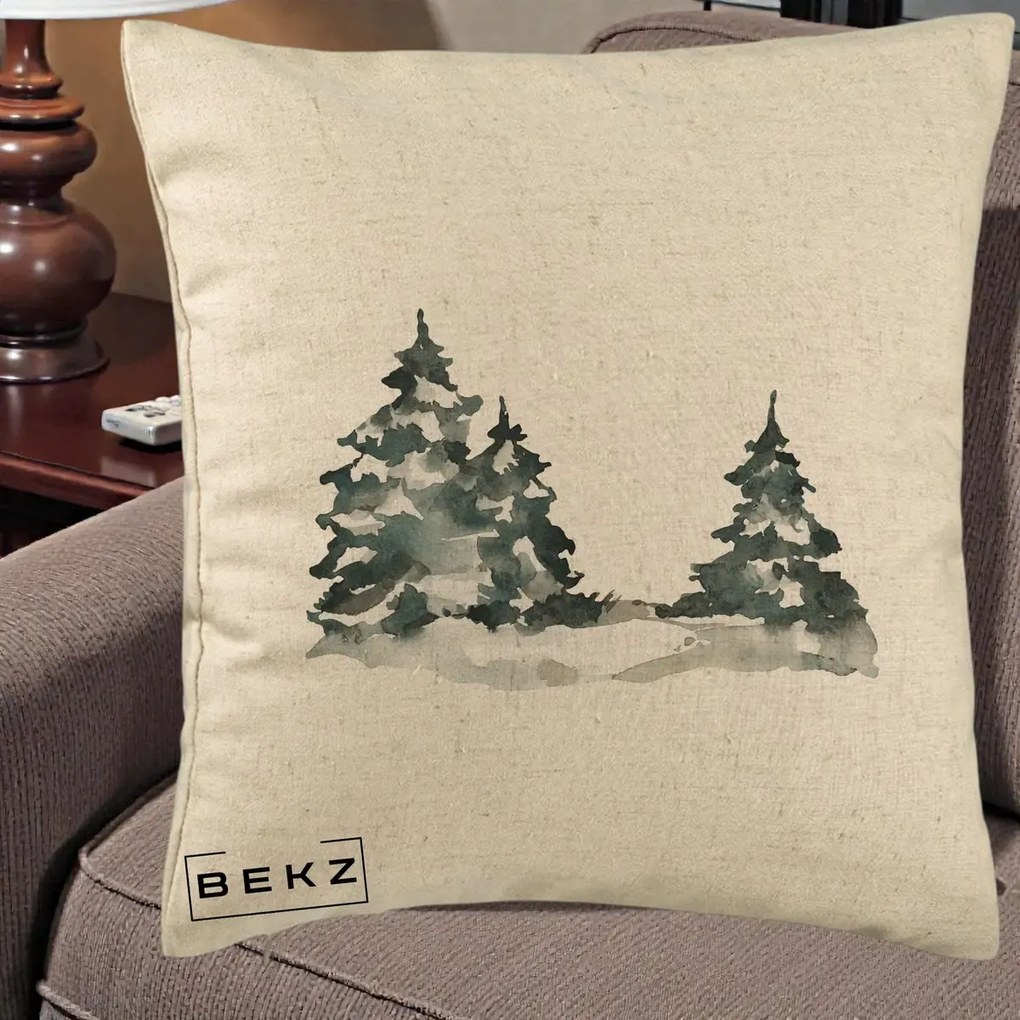Perna Decorativa Brazi Inzapeziti Acuarela, 40x40 cm, Bej, Husa Detasabila, Perna Inclusa, BEKZ®