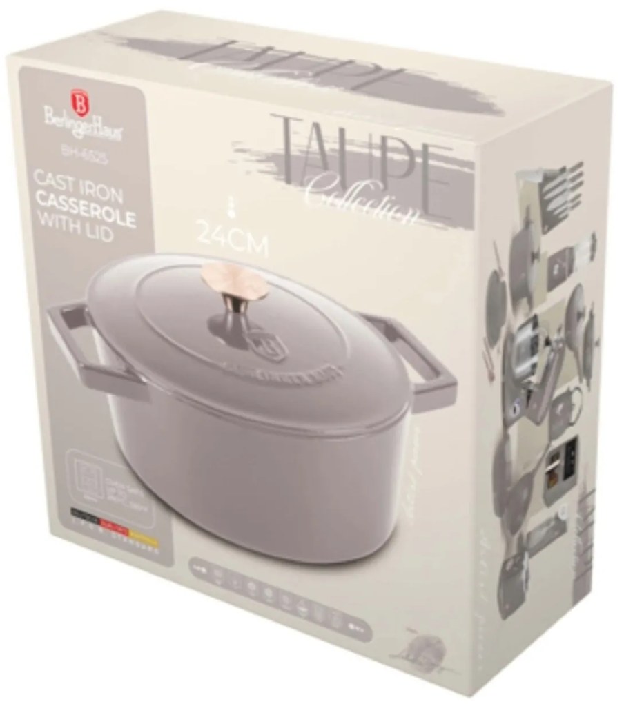 Oală din fontă emailată cu capac 24 cm, 4.35 L Berlinger Haus Taupe Collection BH 6525, distribuție termică excelentă, potrivită cuptor/plite
