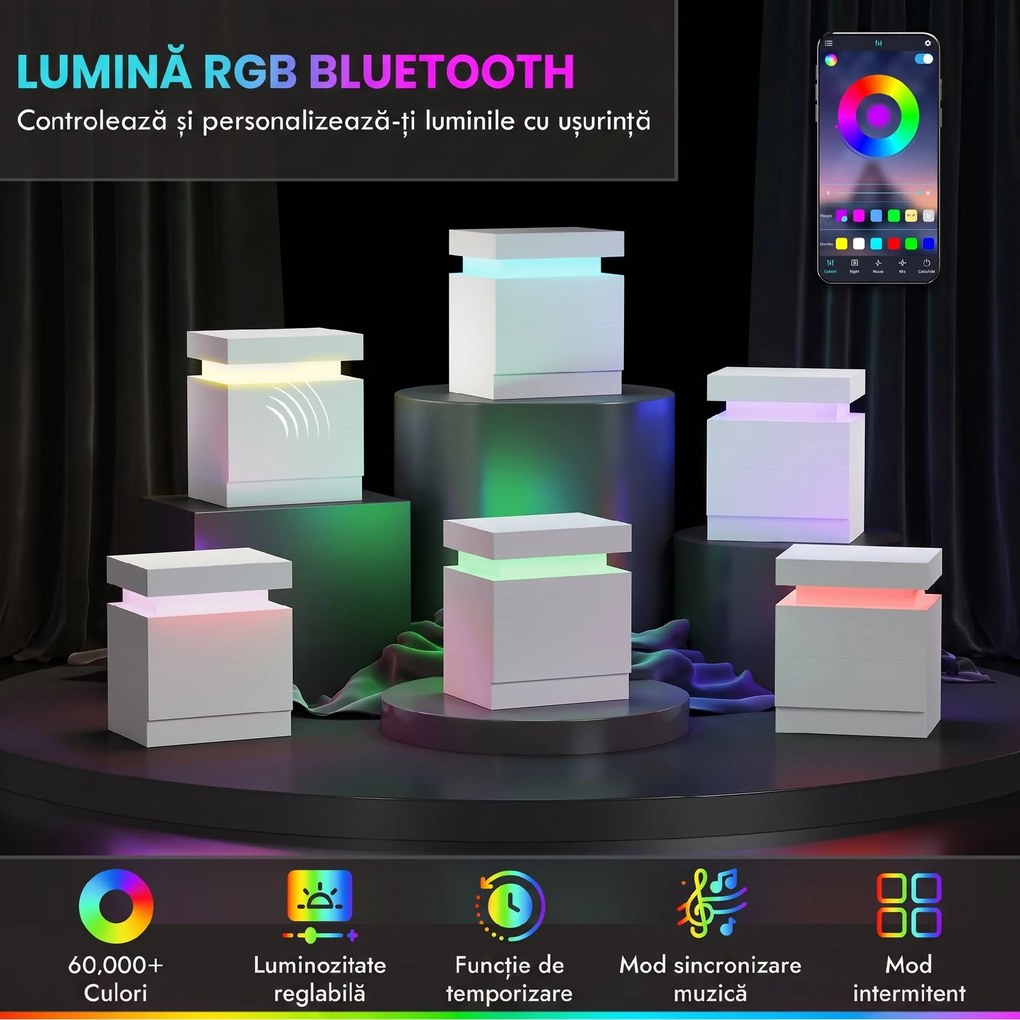 Noptiera alba HOMCOM cu lumina LED RGB, noptiera frontala lucioasa cu 2 sertare, pentru camera de zi, dormitor | Aosom RO