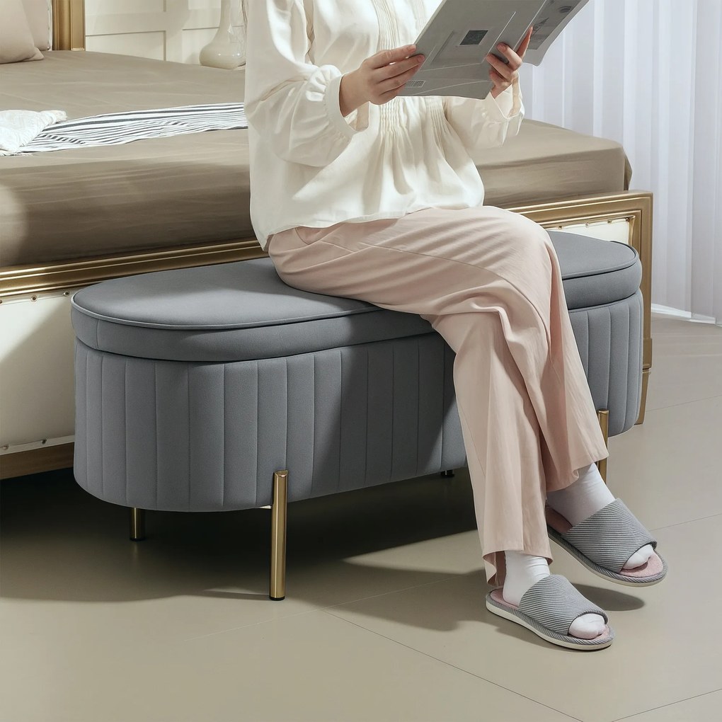 HOMCOM Bancă de Depozitare pentru Intrare Ovală 72L cu Design Scanalat, Capac Ridicabil și Șezut Capitonat, Bancă de la Capătul Patului Pouf în Catifea și Picioare de Lemn de Pin, 108x44x43.5 cm, Gri | Aosom Romania