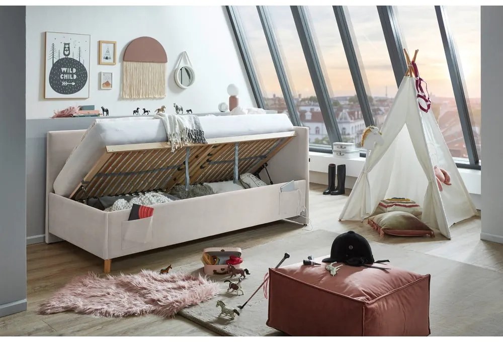 Pat pentru copii bej pe colț tapițat cu spațiu de depozitare cu somieră 140x200 cm Cool – Meise Möbel