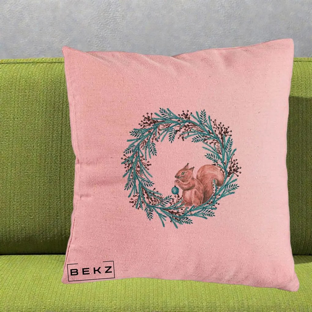 Perna Decorativa Coroana Turcoaz cu Veverita, 40x40 cm, Roz, Husa Detasabila, Perna Inclusa, BEKZ®