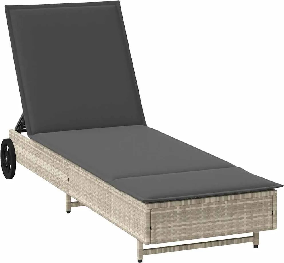vidaXL Șezlong cu roți și pernă, gri deschis, poliratan