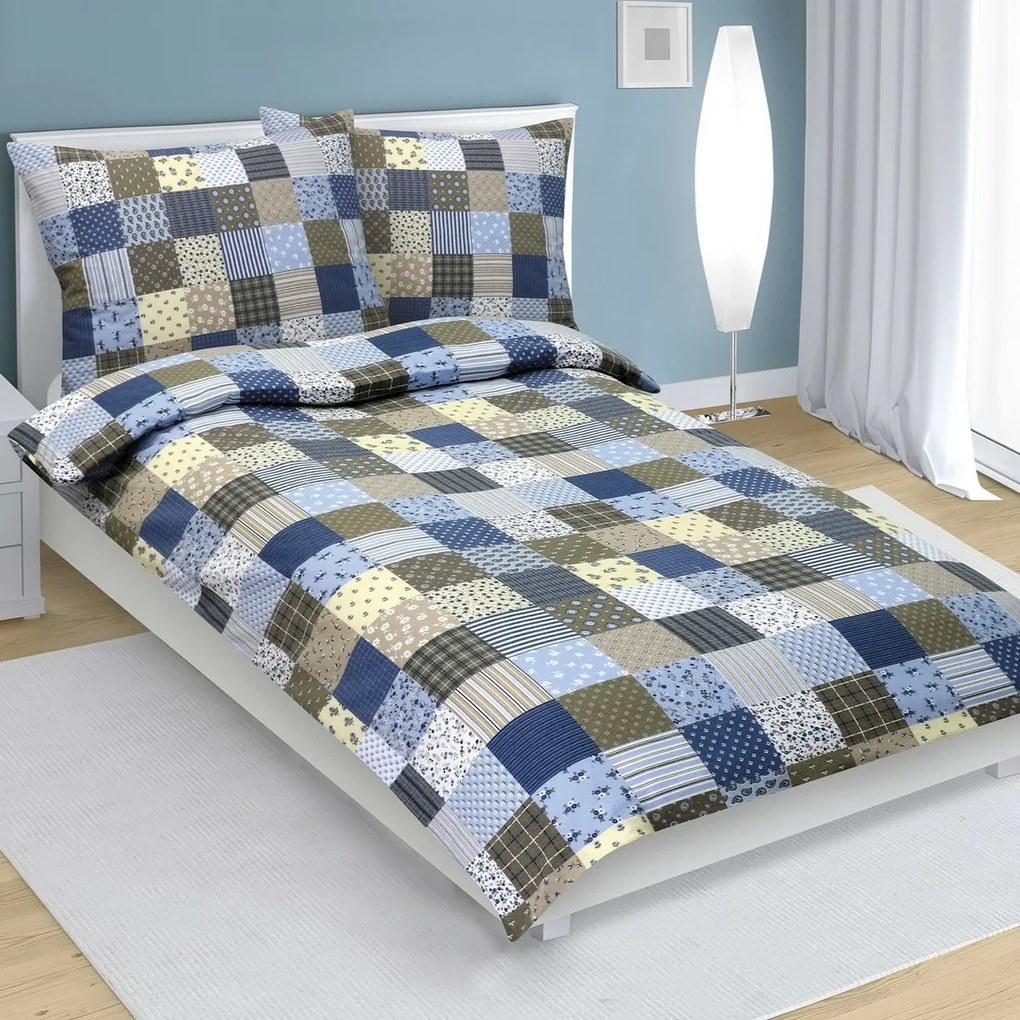 Lenjerie de pat din flanelă Bellatex Patchwork albastru, 140 x 200 cm, 70 x 90 cm