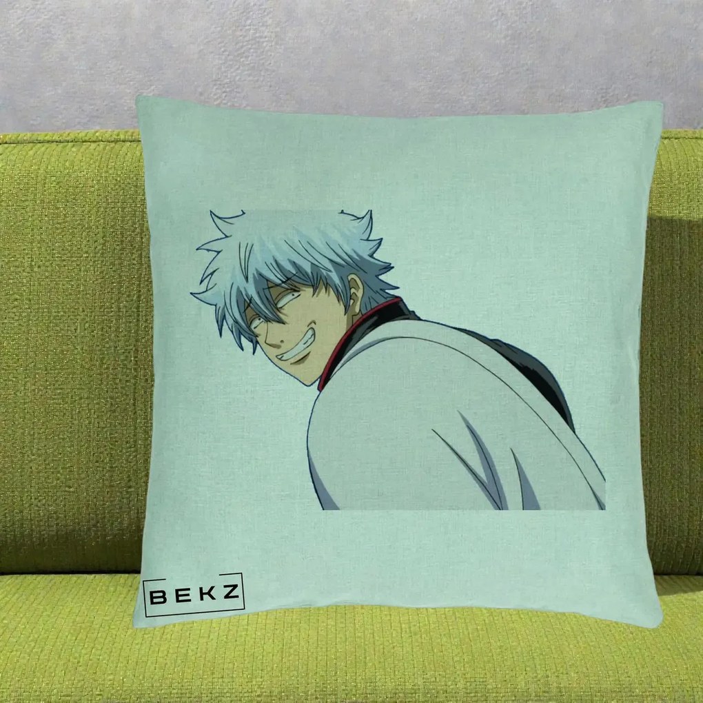 Perna Personalizata Gintama Gintoki Portret cu Zambet, 40x40 cm, Verde Menta, Husa Detasabila, Perna Inclusa, BEKZ®