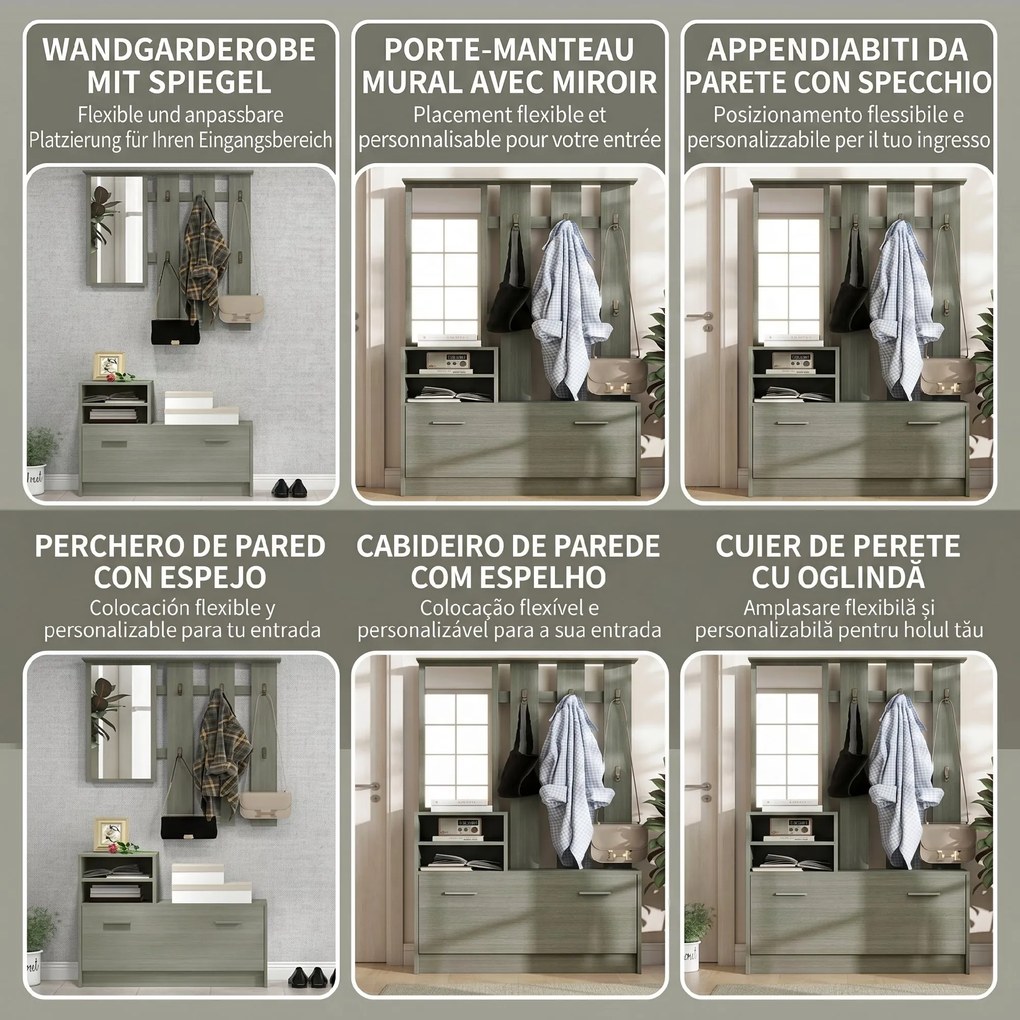 HOMCOM Set de Depozitare 4-în-1 pentru Hol, Cuier de Perete cu Oglindă, Bancă pentru Încălțăminte, 85x15x110 cm, Gri | Aosom Romania