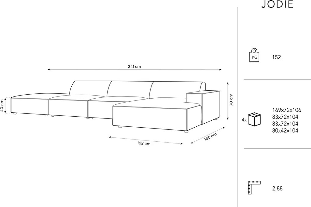 Coltar dreapta 5 locuri, Jodie, Micadoni Home, BL, fara cotiera, 341x166x70 cm, catifea, verde