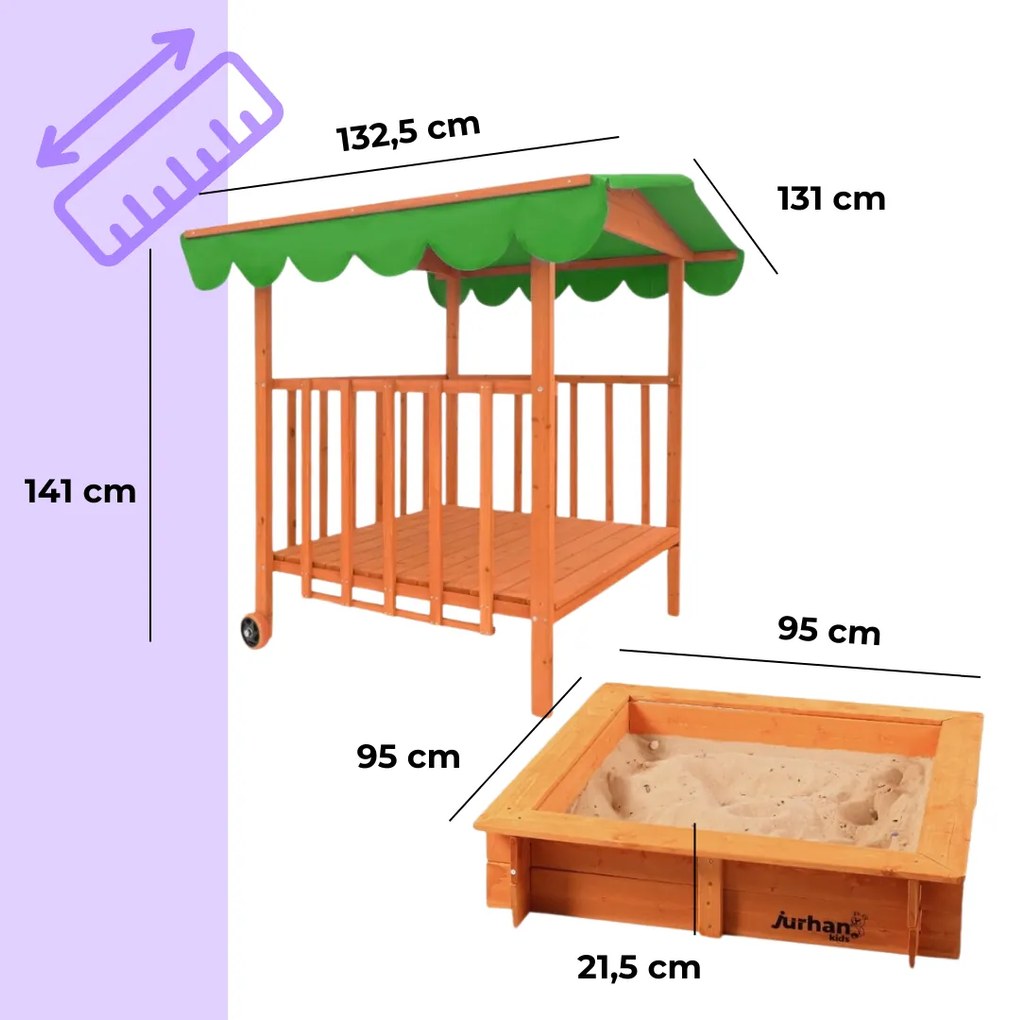 Groapa cu nisip cu verandă HAPPY, 130x130x143cm, maro/verde Jurhan