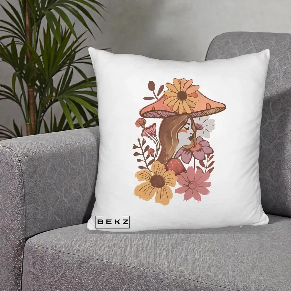 Perna Decorativa Fata Ciuperca Florala Boho, 40x40 cm, Alb Pufos, Husa Detasabila, Perna Inclusa, BEKZ®