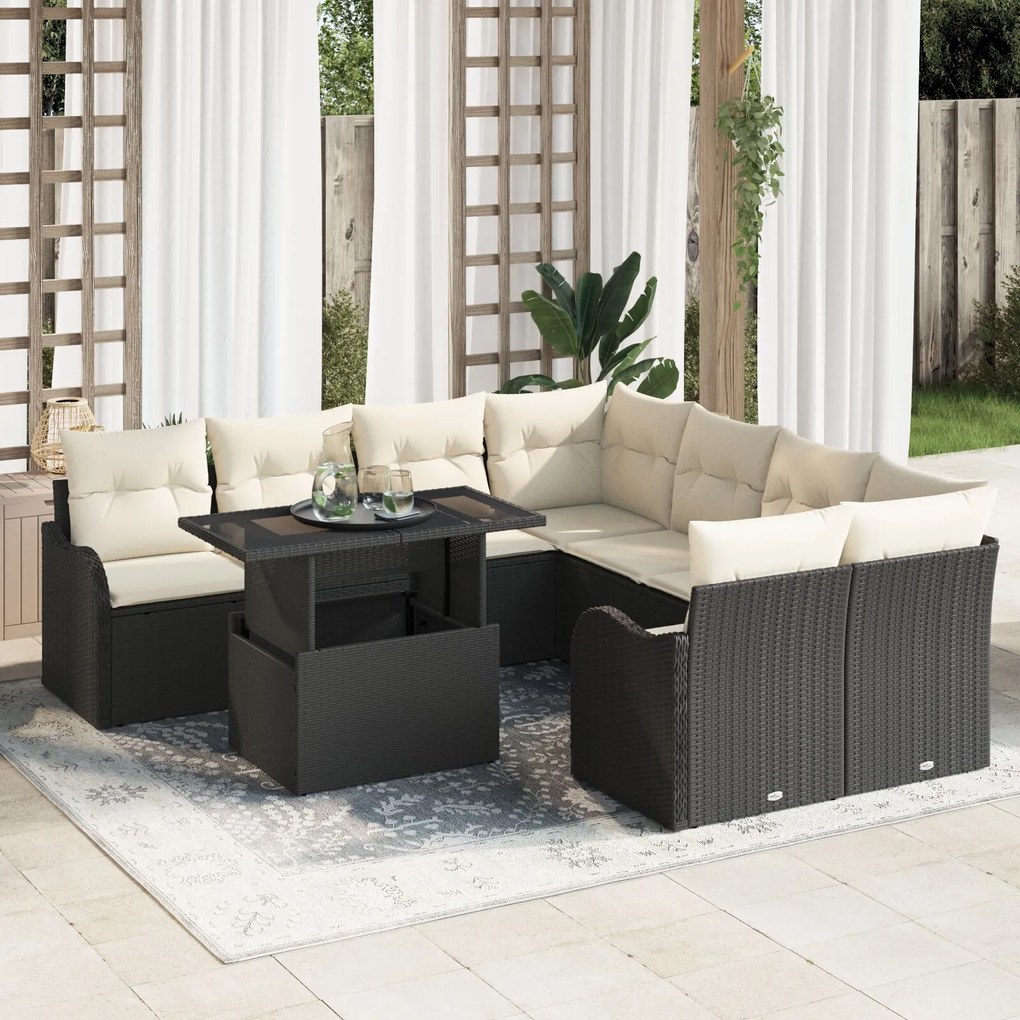 vidaXL Set Canapele Grădină 9 Piese cu Perne Ratan Poli Negru