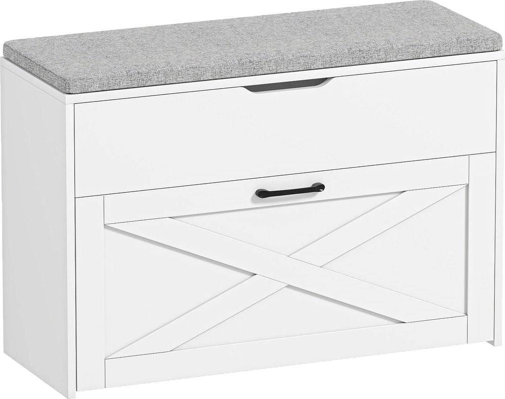 HOMCOM Bancă Pantofar de Intrare, Pantofar cu Săriță Capitonată Lavabilă, Antă Rabatabilă, Compartiment cu Închidere Lentă, Rafturi Reglabile, pentru 8 Perechi de Pantofi, Hol Coridor Cameră, Alb | Aosom Romania