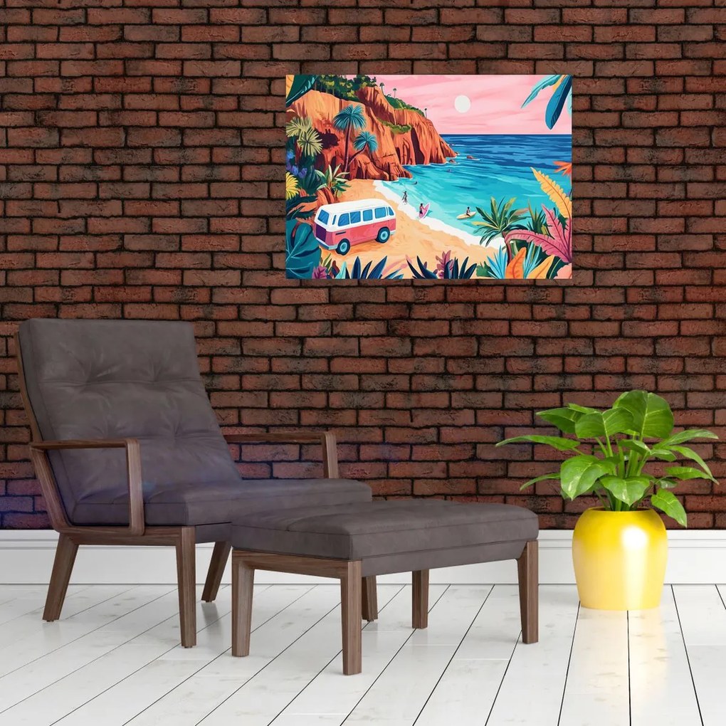 Tablou pe sticlă - Rulotă la ocean (70x50 cm)