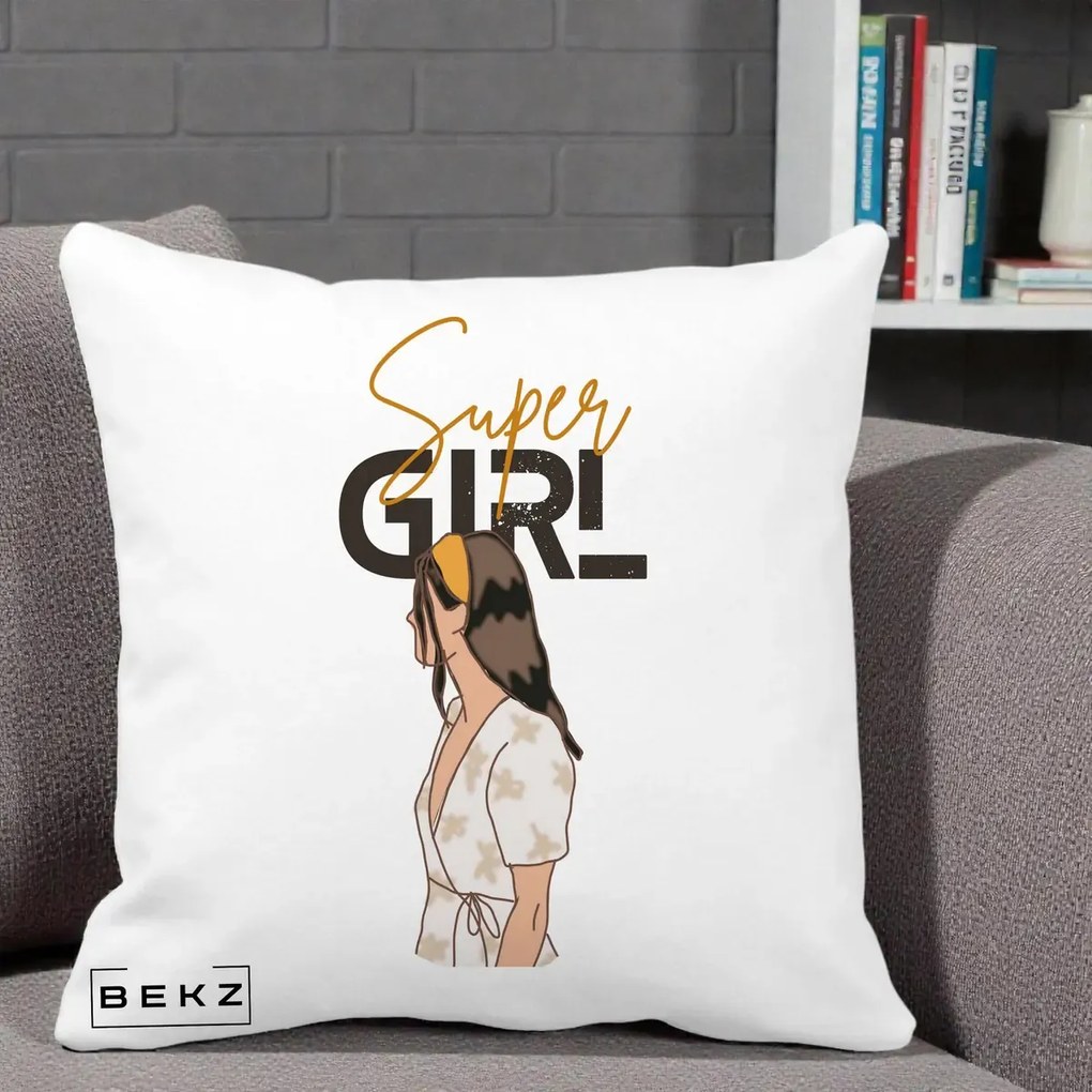 Perna Decorativa Super Girl Aesthetic, 40x40 cm, Alba Mata, Husa Detasabila, Perna Inclusa, BEKZ®