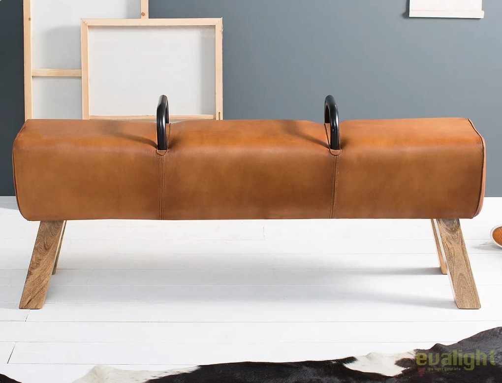 Bancheta cu piele naturala si picioare din lemn de mango Bock Kult