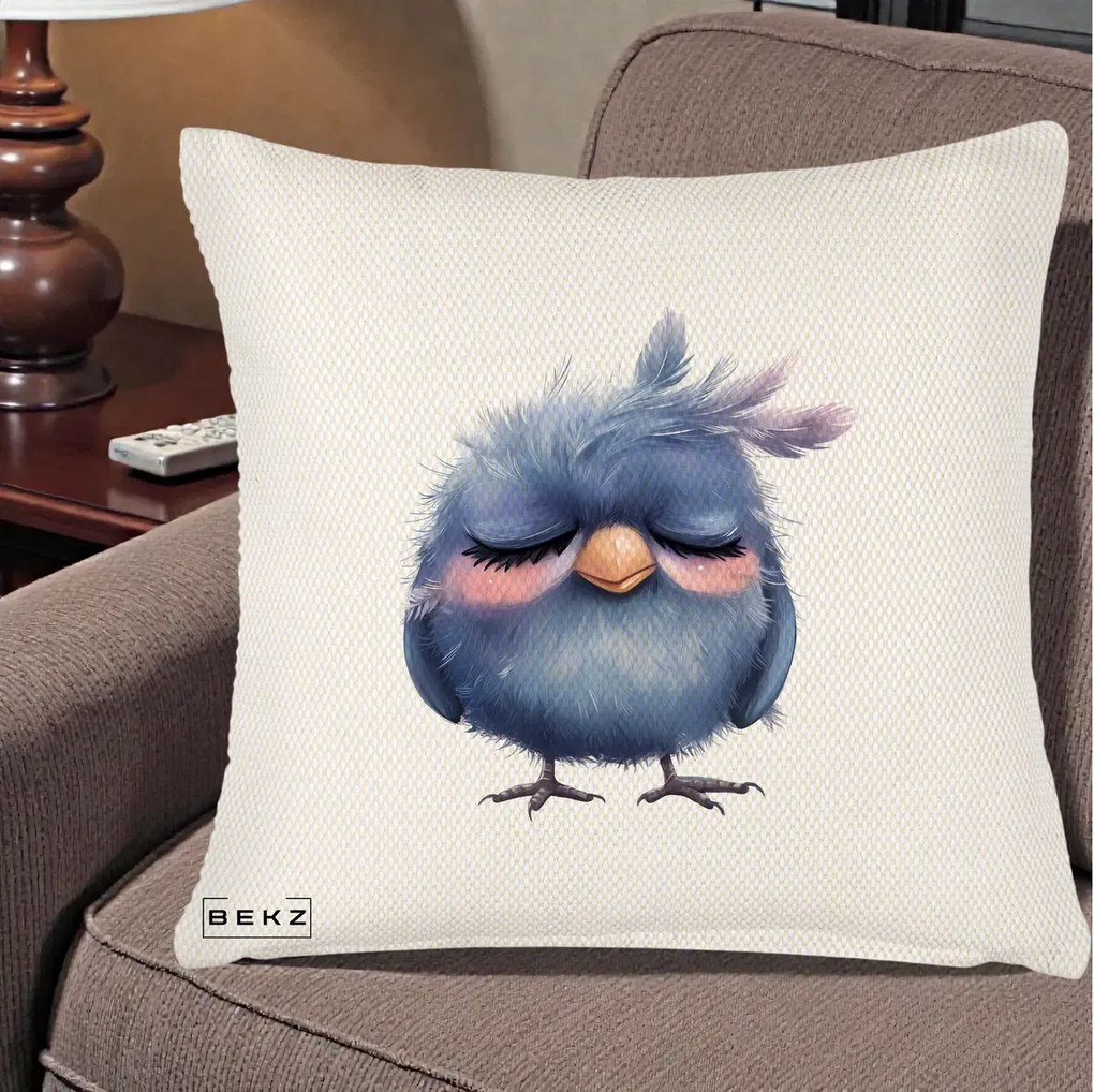 Perna Decorativa Pui Adormit Albastru, 40x40 cm, Crem Reliefat, Husa Detasabila, Perna Inclusa, BEKZ®