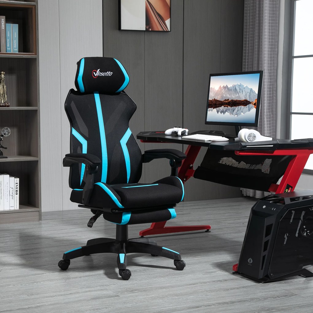 Vinsetto Scaun Gaming cu Suport pentru Picior Retractabil Scaun de Birou Rotativ Inclinabil cu Suport de Cap și Înălțime Reglabilă 65x65x119-129 cm Negru și Albastru | Aosom Romania