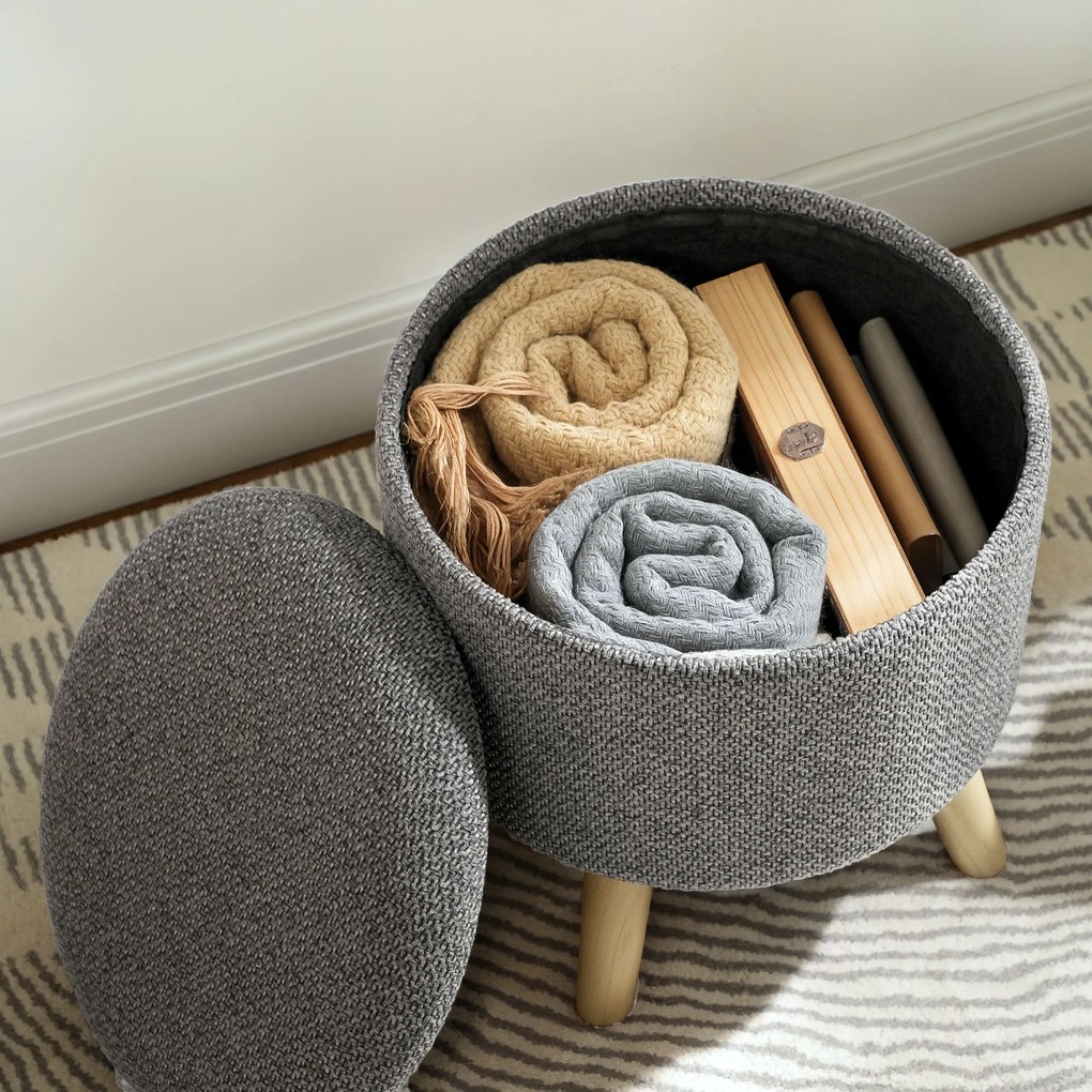 HOMCOM Pouf rotund picior de odihnă taburet cu depozitare picioare din lemn design modern gri | Aosom Romania