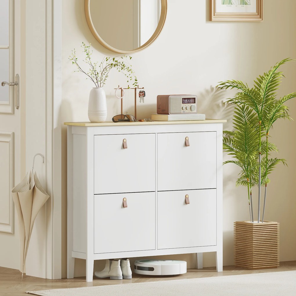 HOMCOM Pantofar Slim cu 4 Sertare pentru 20 Perechi de Pantofi, Mărime EU44 și Separatoare Reglabile, 105x24x95,5 cm, Alb | Aosom Romania