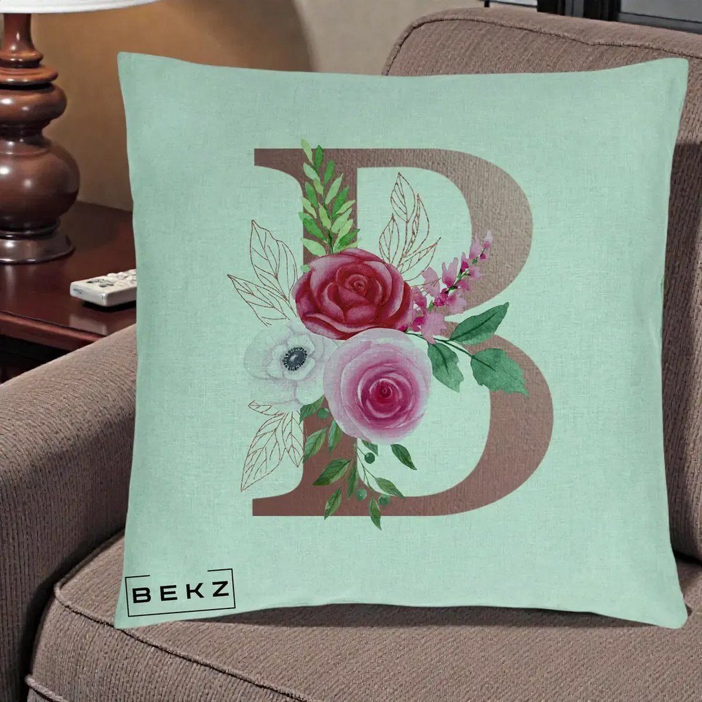 Cadou Personalizat - Perna Personalizata Monograma Rose Gold Litera B, 40x40 cm, Verde Menta, Husa Detasabila, Perna Inclusa, BEKZ®