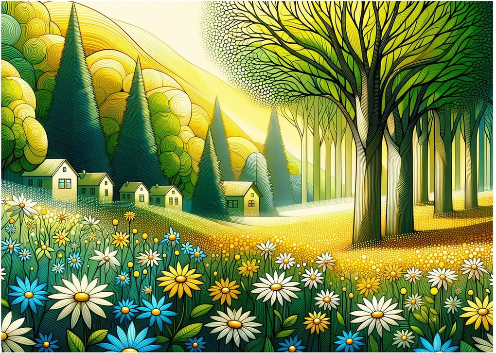 Tablou pe sticlă - Sat în galben-verde (70x50 cm)