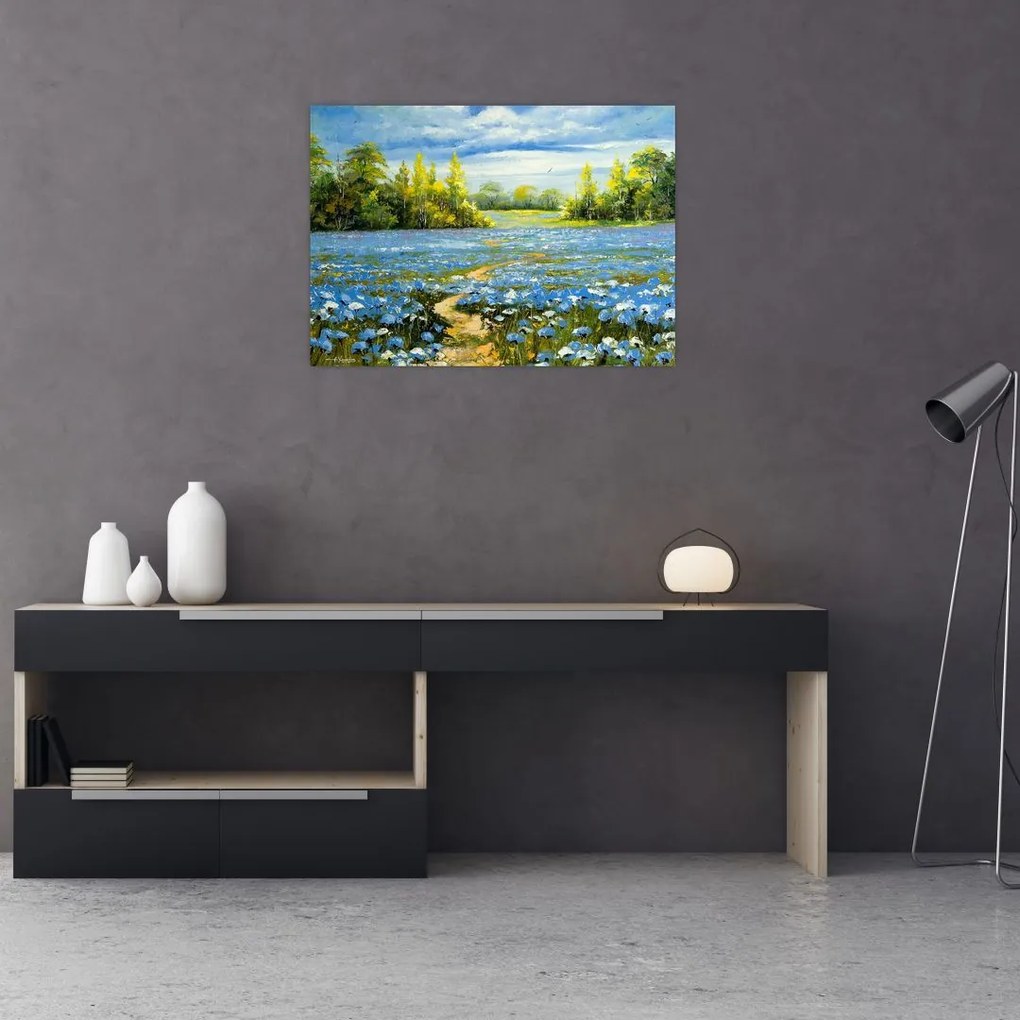 Tablou pe sticlă - Drum de câmp, pictură în ulei (70x50 cm)