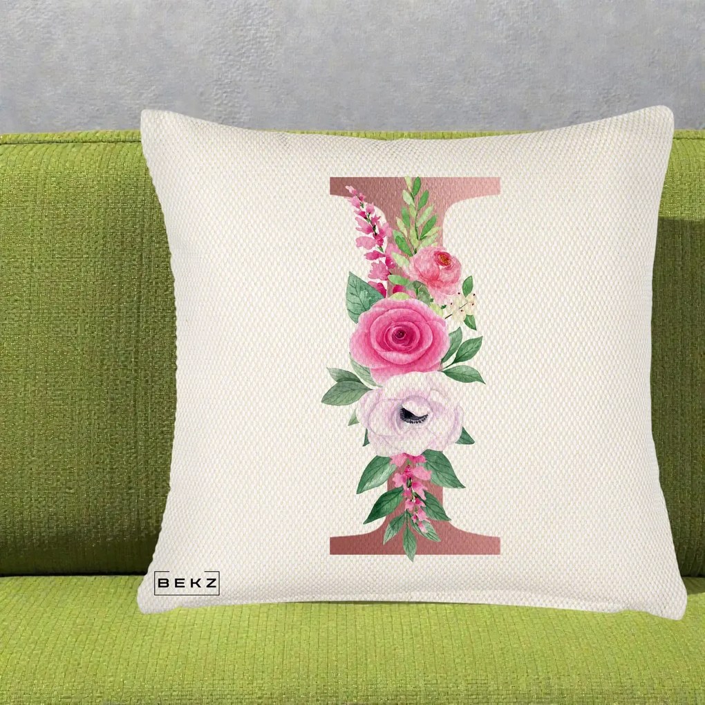 Cadou Personalizat - Perna Personalizata Monograma Rose Gold Litera I, 40x40 cm, Crem Reliefat, Husa Detasabila, Perna Inclusa, BEKZ®
