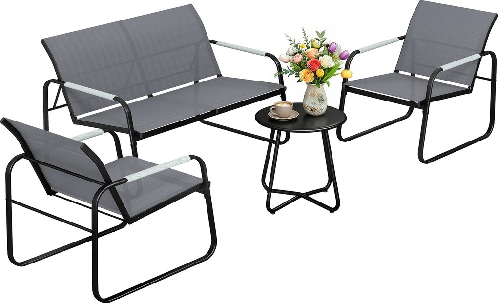 Outsunny Set mobilier grădină pentru 4 persoane, lounge respirant cu canapea 2 locuri, 2 fotolii, design tip sfoară, masă rotundă, picioare reglabile | Aosom Romania