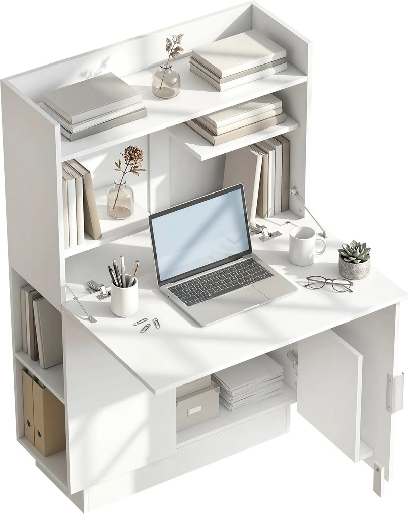 HOMCOM Birou pliant pentru calculator, birou pentru calculator cu blat rabatabil, rafturi și dulap, 80x30x128cm, alb | Aosom Romania