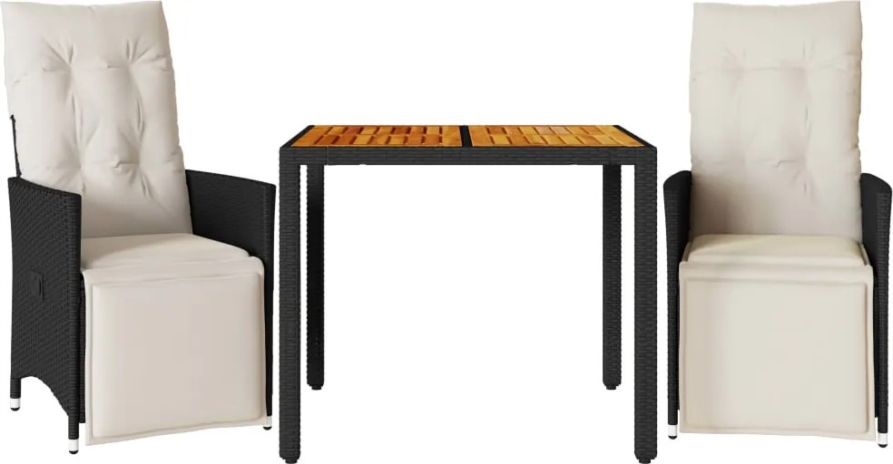 vidaXL Set bistro cu perne, 3 piese, negru, poliratan
