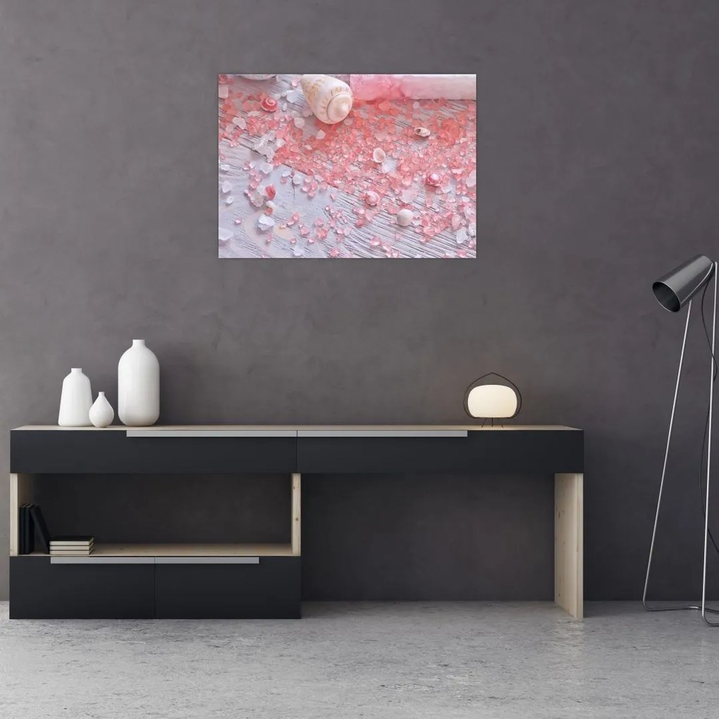 Tablou pe sticlă - Atmosfera de litoral în nuanțe roz (70x50 cm)