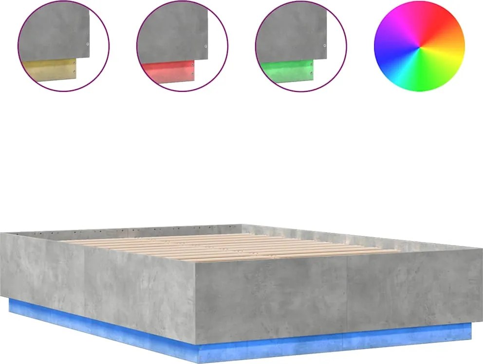 vidaXL Cadru de pat cu lumini LED gri beton 150x200 cm, lemn prelucrat