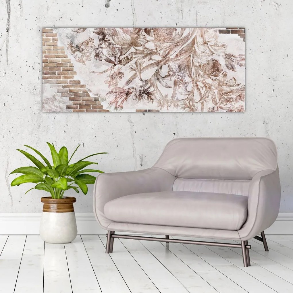 Tablou - Frescă florală pe un perete de cărămidă (120x50 cm)